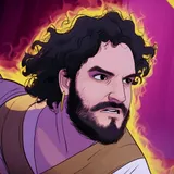 Legume Abi has somewhat curly medium long black hair and a full beard. Teeth clenched he looks fiercefully towards the side while having a fiery glow behind him.